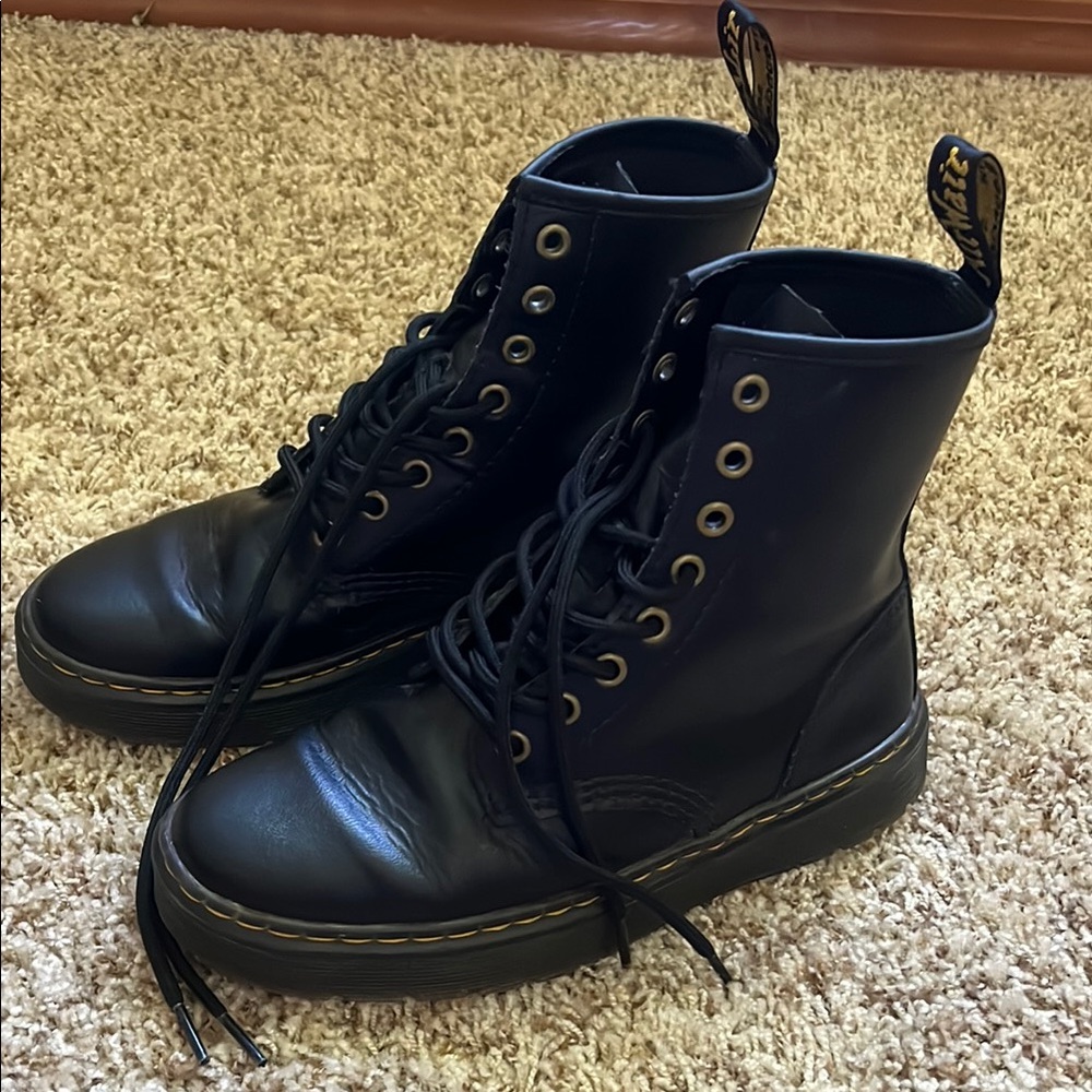 Dr. Martens Black Leather Lace-Up Boots with Yellow Stitching